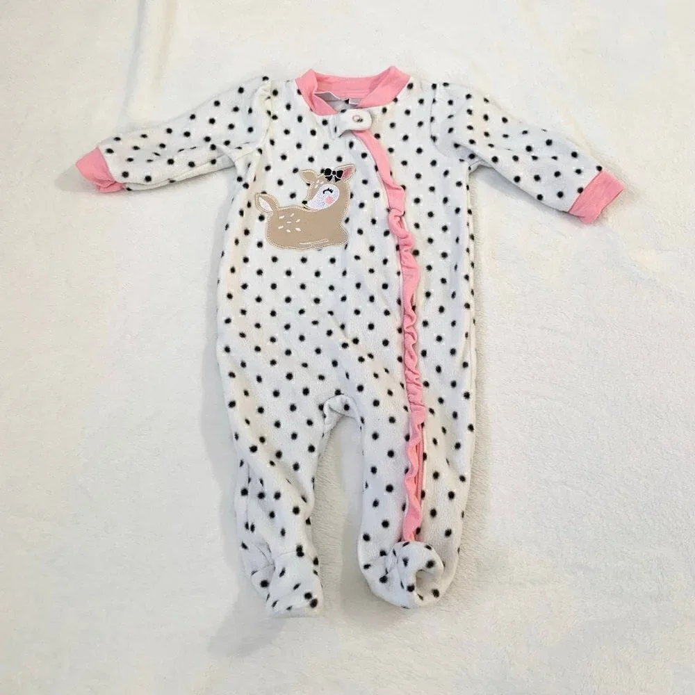 5/$25 Koala Baby Girls White Polka Dot Deer Fleece Footed‎ Sleeper Pajamas 3-6M
